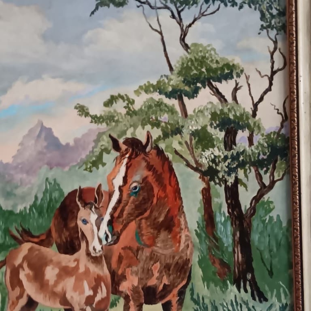 Mid-century mother and fawn horse oil painting - Picture 2 of 3